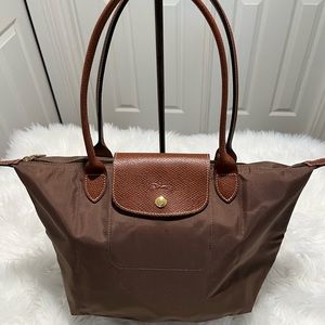 Longchamp olive/brown shoulder bag with brown leather handles
